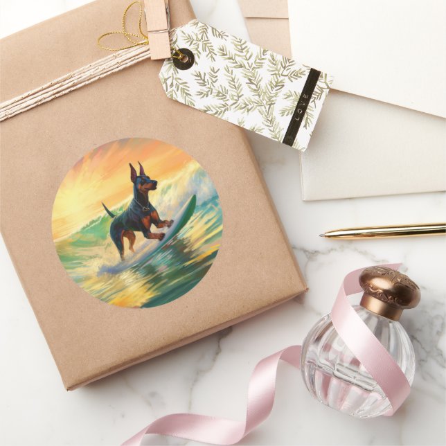 Pegatina Redonda Pintura Doberman Beach Surfing (Regalar)