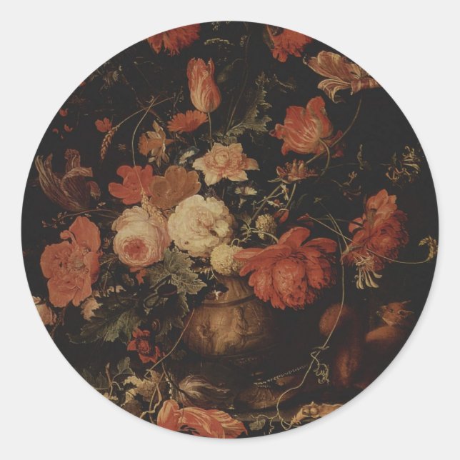 Pegatina Redonda Pintura floral de Abraham Mignon (Anverso)