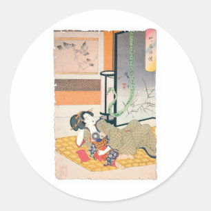 Pegatina Redonda Pintura, madre y bebé japoneses antiguos
