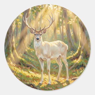 Pegatina Redonda Pintura majestuosa del ciervo del bosque dorado