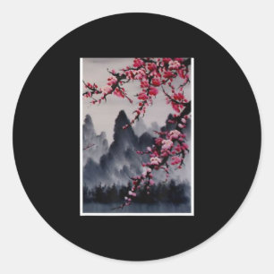 Pegatina Redonda Pintura Montaña de cerezos de arte japonés