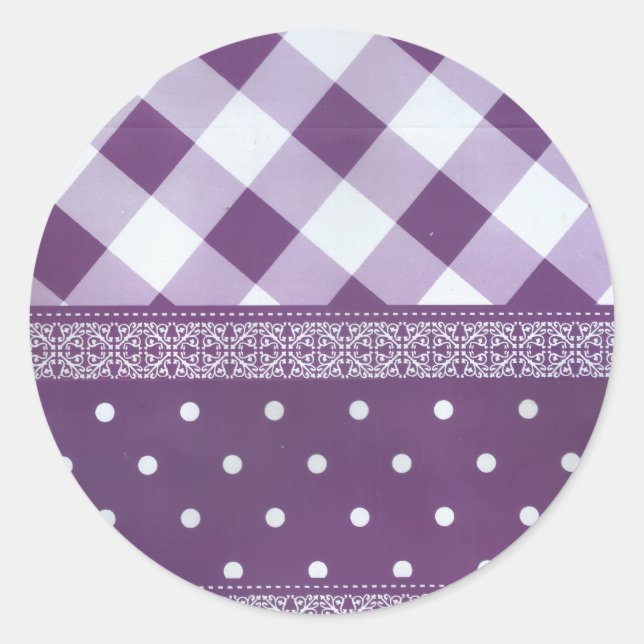 Pegatina Redonda Pintura morada de damasco floral de punto de polka (Anverso)