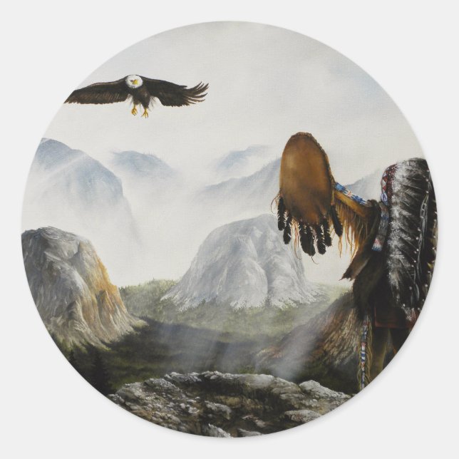 Pegatina Redonda Pintura nativa norteamericana. Amigo de la bienven (Anverso)