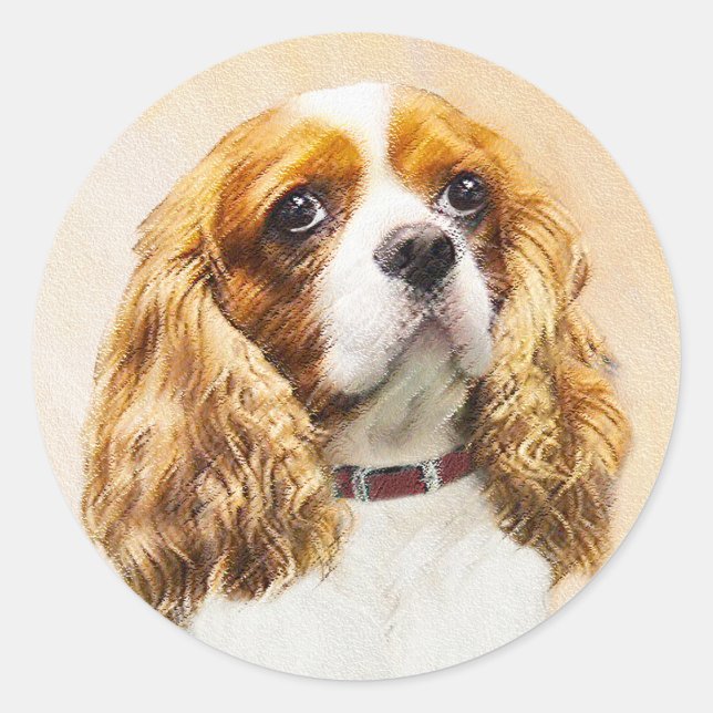 Pegatina Redonda Pintura original de Cavalier King Charles Spaniel (Anverso)