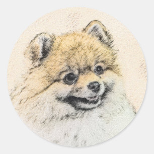 Pegatina Redonda Pintura Pomerania (Naranja) - Arte Perro Original