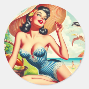 Pegatina Redonda Pintura Retro Tropical Beach