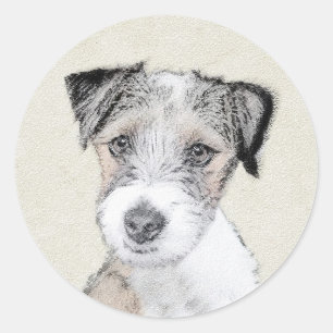 Pegatina Redonda Pintura Rusell Terrier - Arte Perro Original