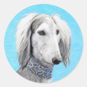 Pegatina Redonda Pintura Saluki (plateada) - Arte Perro Original.