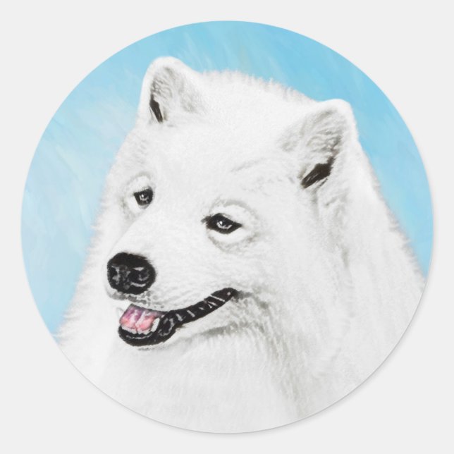 Pegatina Redonda Pintura Samoyed - Arte Perro Original Cuto (Anverso)