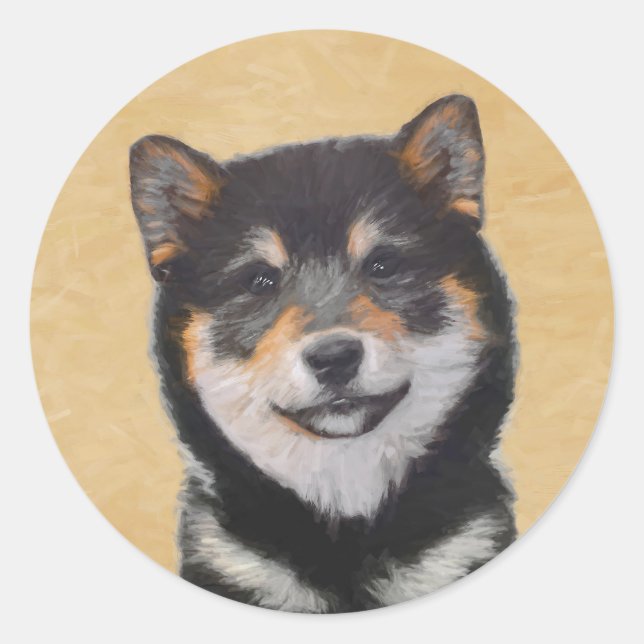Pegatina Redonda Pintura Shiba Inu (Negro y Tan) - Arte de perro (Anverso)