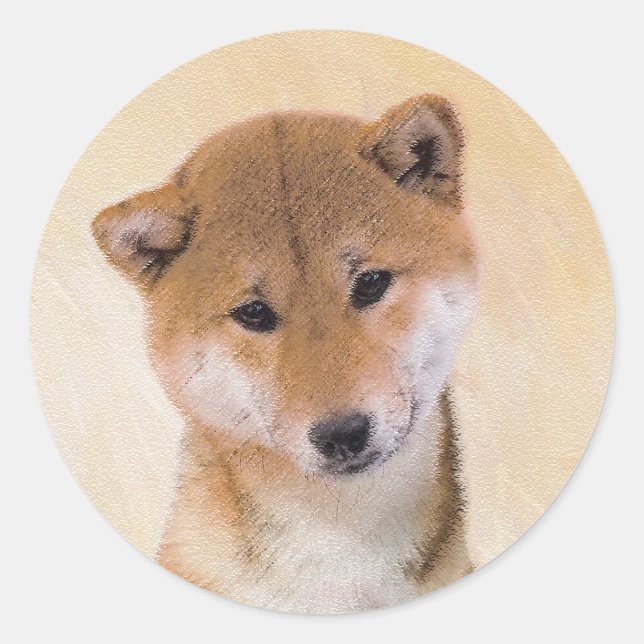 Pegatina Redonda Pintura Shiba Inu (roja) - Arte Perro Original (Anverso)