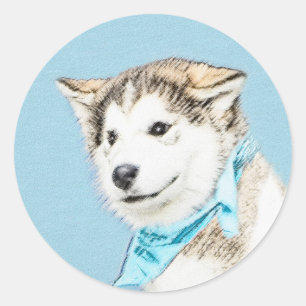 Pegatina Redonda Pintura siberiana Husky de pipa - Arte original de