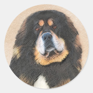 Pegatina Redonda Pintura tibetana de escaramuzas - Arte de perros o