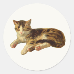 Pegatina Redonda Pintura Victoriana Antigua de Gato Durmiendo