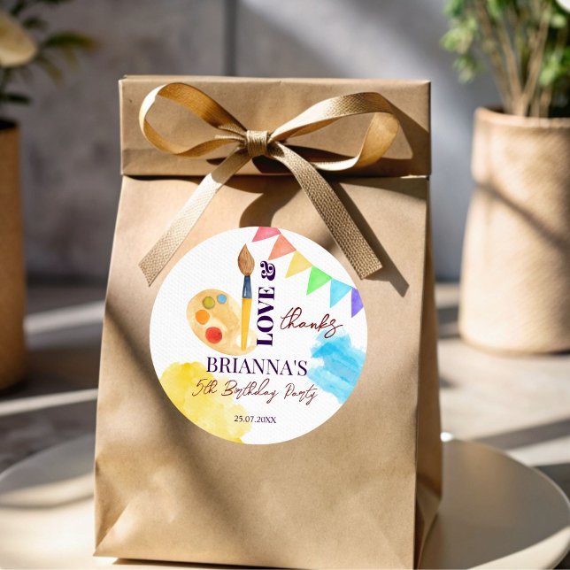 Pegatina Redonda Pintura y fiesta de arte fiesta monogramado favor (Paint and party art themed party monogrammed favor stickers personalized art party favor stickers)