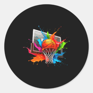 Pegatina Redonda Pinturas Coloridas Salpican Balón de Baloncesto