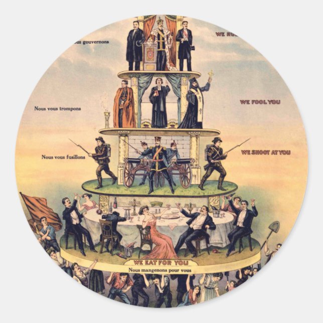 Pegatina Redonda Pirámide Del Sistema Capitalista (Anverso)