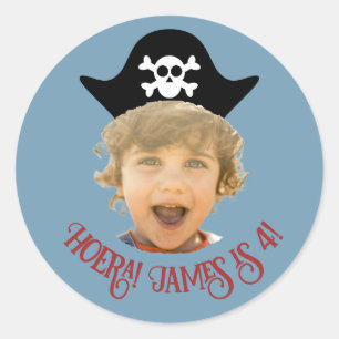 Pegatina Redonda Pirata Azul Foto Sticker –Con Nombre y Edad-