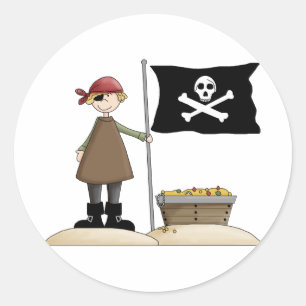 Pegatina Redonda Pirata con su tesoro