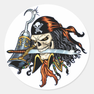 Pegatina Redonda Pirata de cráneo con espada y gancho de Al Rio