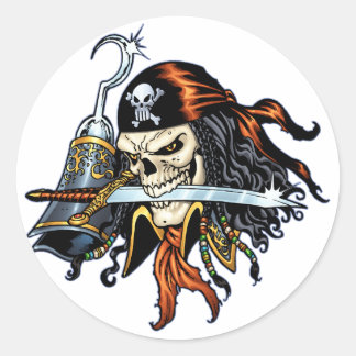 Pegatina Redonda Pirata de cráneo con espada y gancho de Al Rio