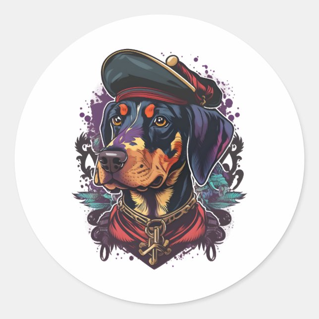 Pegatina Redonda Pirata de perro de Dobermann (Anverso)