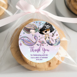 Pegatina Redonda Pirata de Sirenas Bajo el Mar Favor Conjunta de Cu