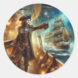 Pegatina Redonda Pirata espacial Steampunk Vintage en el Océano Vic