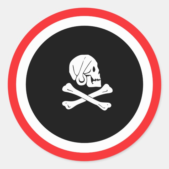 Pegatina Redonda Pirata negro y rojo Jolly Roger (Anverso)