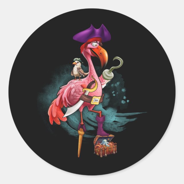 Pegatina Redonda Pirata Pink Flamingo Witch Halloween Party Chicas  (Anverso)
