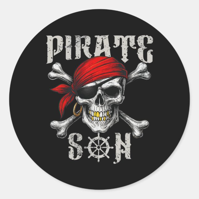 Pegatina Redonda Pirata Son Jolly Roger Bandera Y Crossbone Cráneo  (Anverso)
