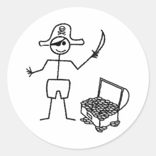 Pegatina Redonda Pirata Stickman con el tesoro del pecho