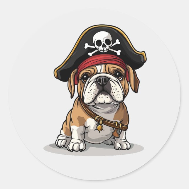 Pegatina Redonda Pirate Bulldog inglés Skull Crossbone (Anverso)
