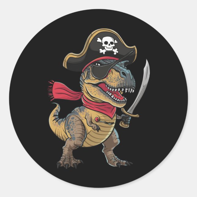 Pegatina Redonda Pirate Dinosaur T-Rex Funny disfraz de Halloween (Anverso)