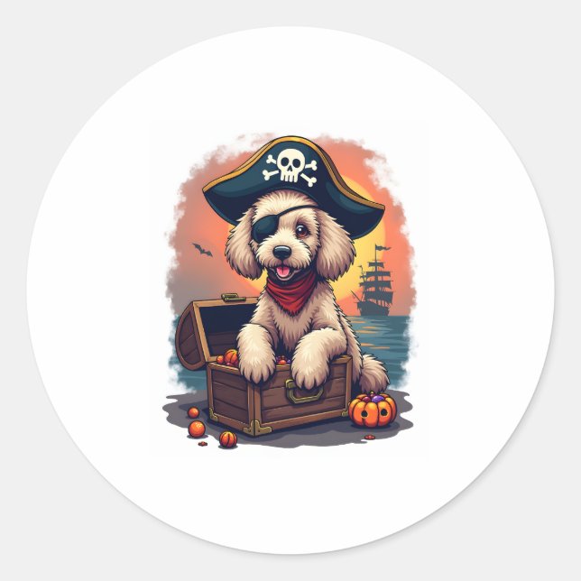 Pegatina Redonda Pirate Poodle Plunder (Anverso)