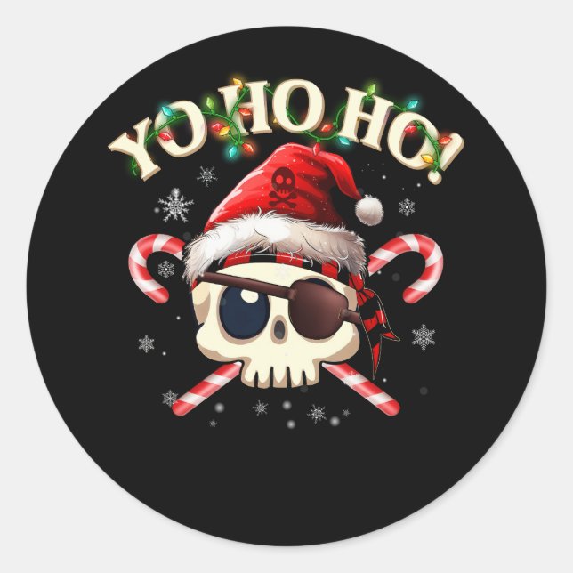 Pegatina Redonda Pirate Santa Skull Crossbone Candy Cane Navidades (Anverso)