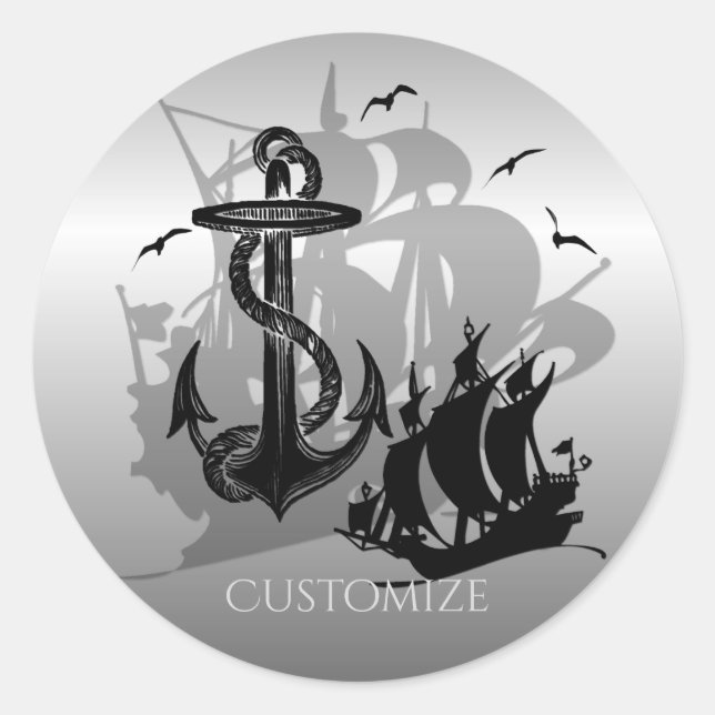 Pegatina Redonda Pirate Ship & Anchor Black Silhouette (Anverso)