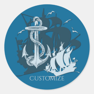 Pegatina Redonda Pirate Ship & Anchor White Silhouette