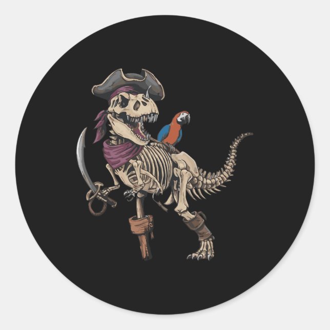 Pegatina Redonda Pirate Skeleton Dinosaur T Rex Funny Tyrannosauro (Anverso)