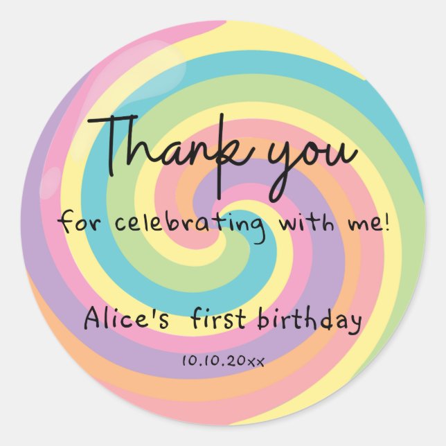 Pegatina Redonda Piruleta Colorida Gracias (Anverso)