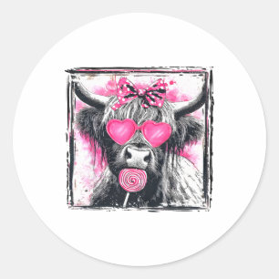 Pegatina Redonda Piruleta de vaquilla vintage con lazo rosa corazón