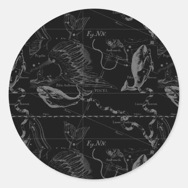 Pegatina Redonda Pisces Constellation Hevelius 1690 en negro (Anverso)