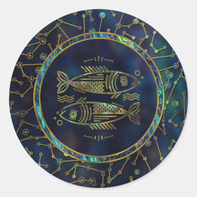 Pegatina Redonda Pisces Zodiac Gold Abalone en Constellation (Anverso)