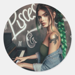 Pegatina Redonda Pisces Zodiac Músico Piano