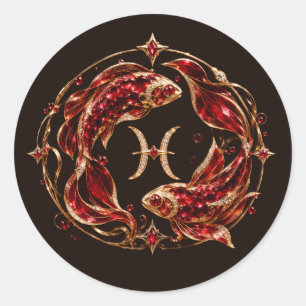 Pegatina Redonda Piscis Zodiaco Rojo de Lujo