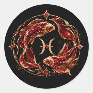Pegatina Redonda Piscis Zodiaco Rojo de Lujo