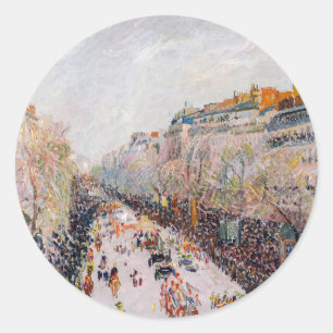 Pegatina Redonda Pissarro - Montmartre, Mardi Gras en el Bulevar