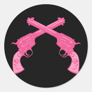 Pegatina Redonda Pistolas cruzadas rosadas retro