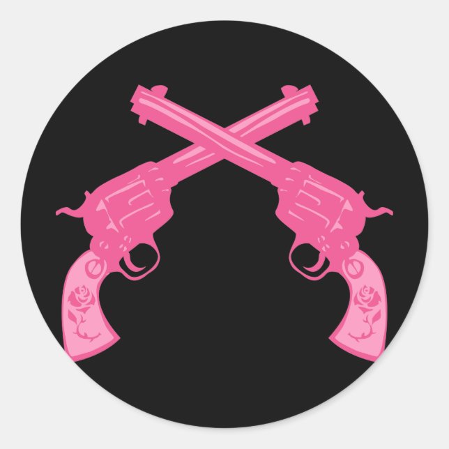 Pegatina Redonda Pistolas cruzadas rosadas retro (Anverso)