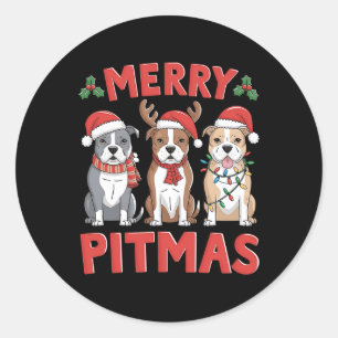 Pegatina Redonda Pit Bull Santa Christmas Tree Encende Navidad Merr